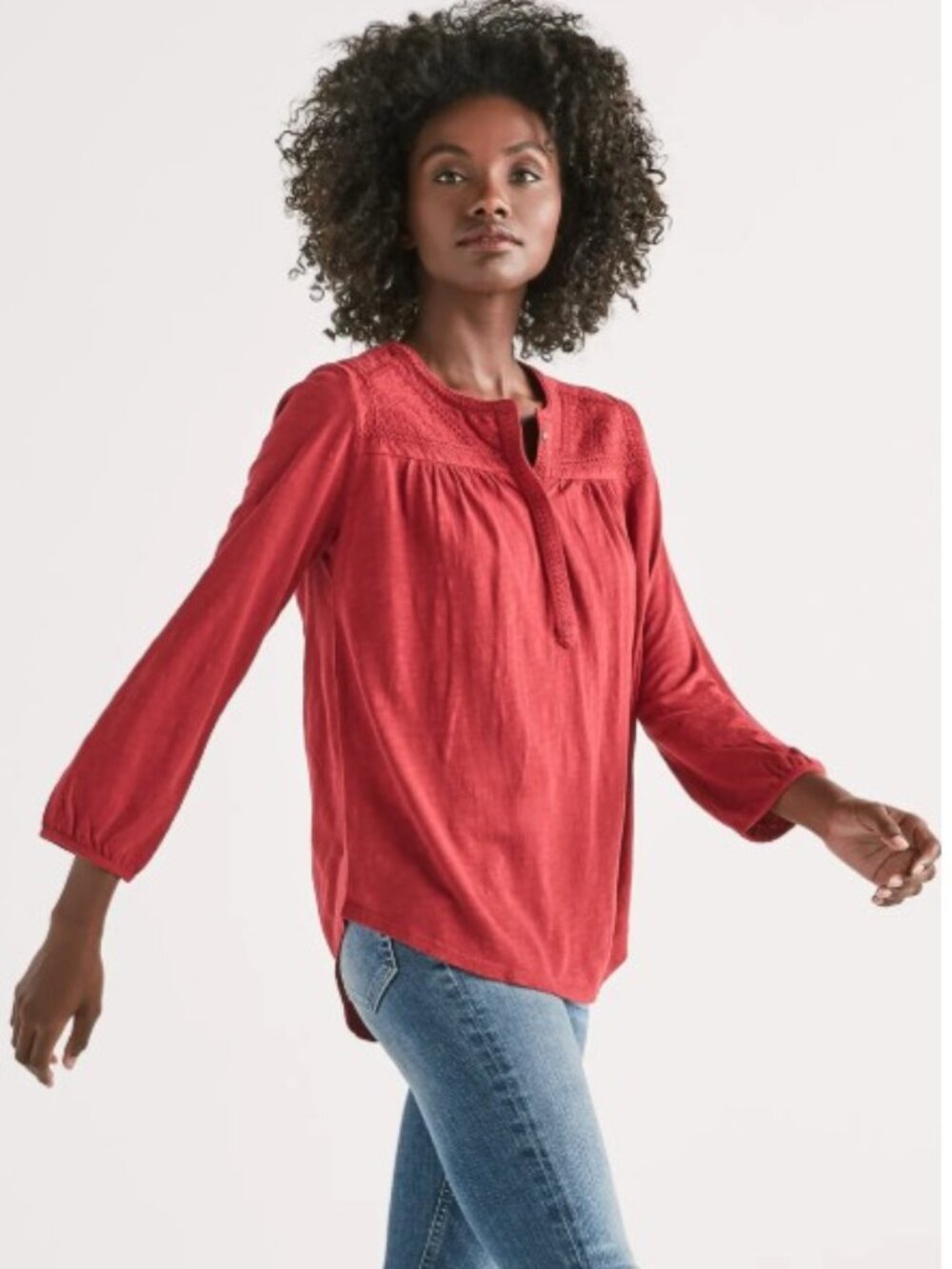 Lucky Brand Embroidered Split Neck Coral Orange Boho Top size Medium